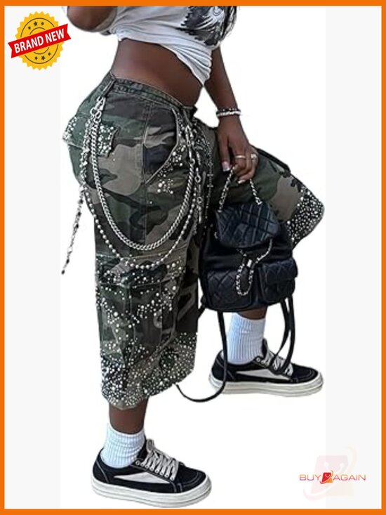 Pants - High Waist Camo Cargo Pants Loose Wide Leg Pearl Denim Jean Shorts